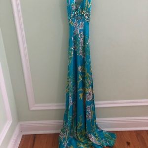 Cache Gown, Patterned and Gems, flattering cut